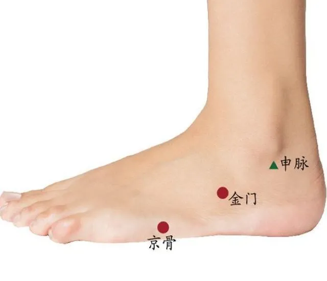 左足の外側に金門穴（赤丸）、京骨穴（赤丸）、申脈穴（緑三角）を示したツボ位置図。中国語表記。膝痛と左足の冷え・痛み改善のために追加した膀胱経のツボです。