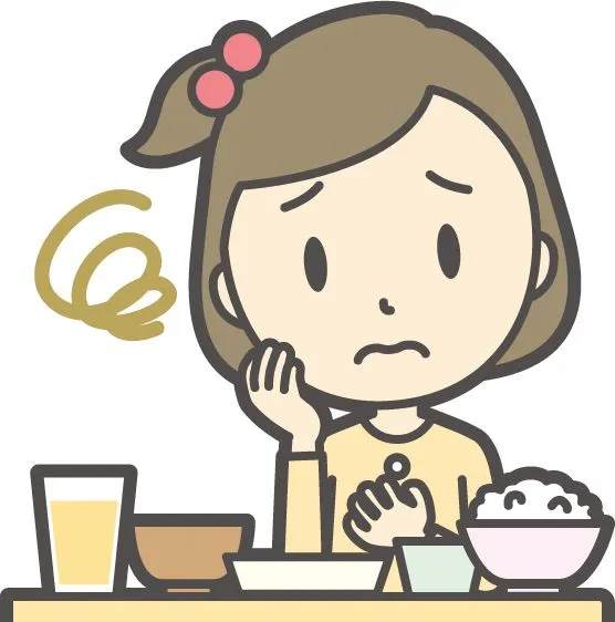 ピンクのリボンをつけた3歳の女の子が、目の前にご飯があるのに口の痛みで食べるのをためらっているイラスト。川崎病の症状を表現。