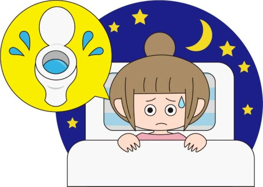 布団をかぶって目を開けたまま困った表情の女性。頭の横には便座のイラストと水滴が描かれ、夜間頻尿や夜尿症の悩みを表現している。