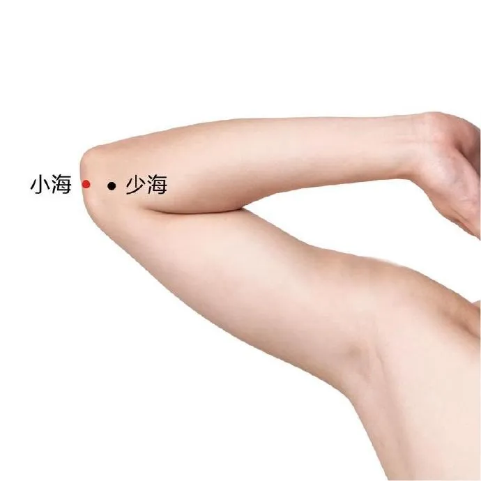 小海穴（赤丸）と少海穴（黒丸）の位置比較｜右肘の内側にある小海穴の場所
