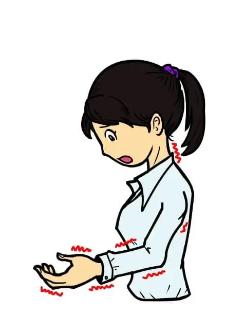 アニメ風の女性が薄い青色の長袖を着て、手のしびれに驚いた表情で手を見つめるイラスト