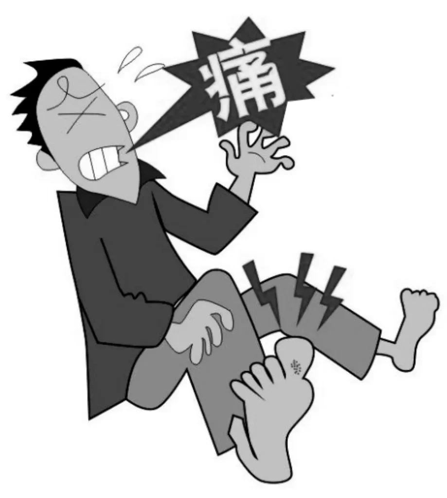 黒い上着とグレーのズボンを着た男性が、腫れ上がった右足の親指を指差し、激痛を表す漫画風の表情と「痛」の吹き出しが描かれたイラスト。