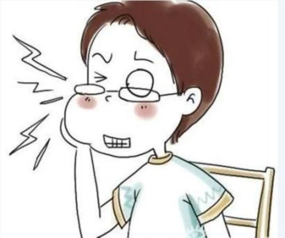 メガネをかけた男性が右の頬と顔を大きく腫らして苦しむ漫画風イラスト。上顎の腫れによる呼吸困難を表現