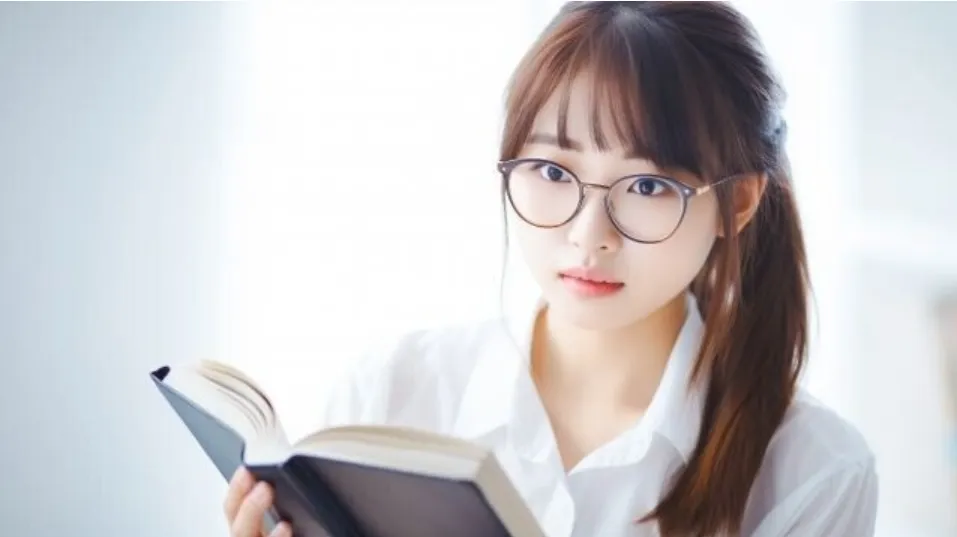 メガネをかけた可愛い女性が漢方書を熱心に読むイラスト。漢方医のイメージ。