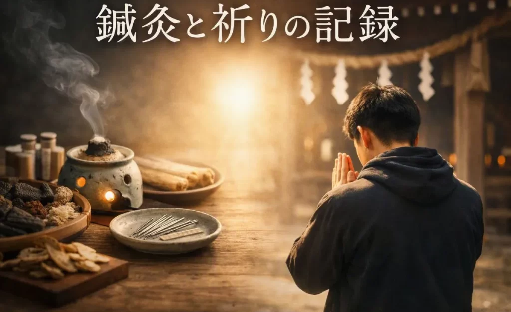 鍼灸の道具と神社で祈る若者の背中が左右に配置され、中央に柔らかな光が差す構図のイメージ画像。