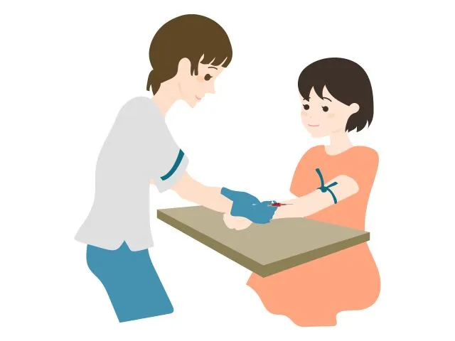 漫画風イラスト：医師が患者の腕から血液を採取する様子。病院での採血検査シーンをユーモラスに表現