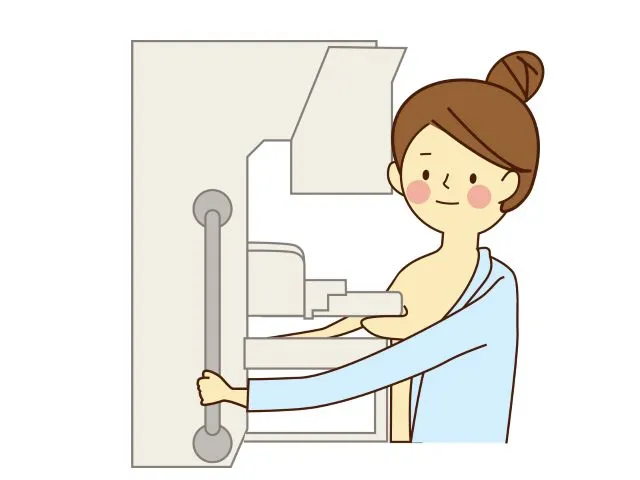 女性が乳がん検診でマンモグラフィー検査を受けるイラスト。検診の様子をわかりやすく描いた漫画風図