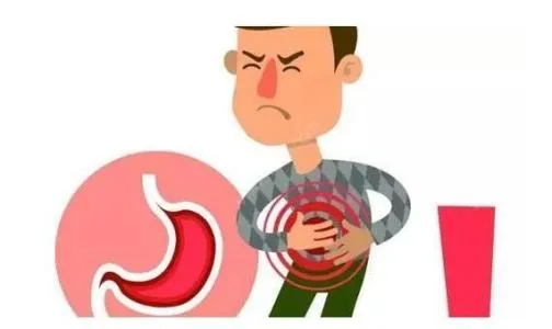 ニンニクの食べ過ぎで胃もたれに悩む男性が胃を押さえる様子と胃のイラスト