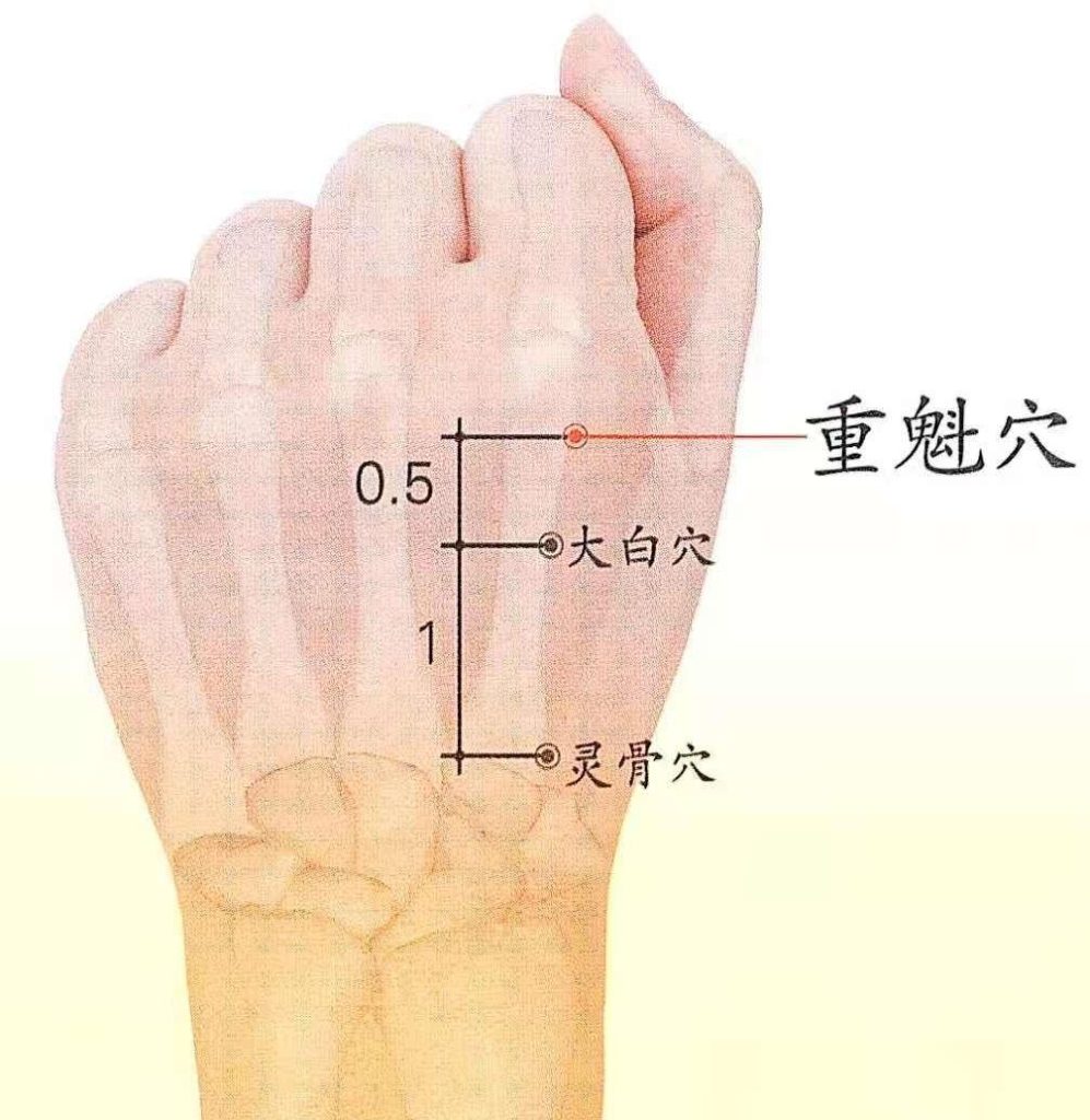 董氏奇穴「霊骨穴」「大白穴」「重魁穴」を赤丸で示した手の骨格レントゲン風画像（中国語表記）