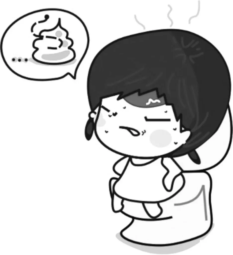 生理前の便秘で苦しむ女性のアニメイラスト トイレで踏ん張る様子とうんち