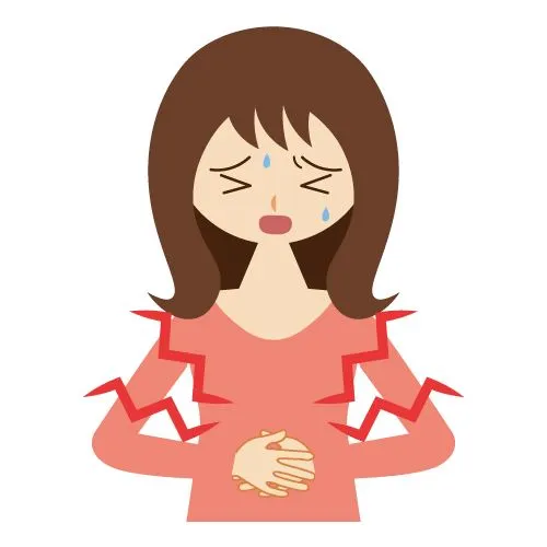 ピンクの服を着たアニメ風の女性が目を閉じてお腹を押さえ、痛みを表す赤い稲妻と緑の汗が描かれたイラスト。生理前症候群（PMS）の腹痛症状を象徴。