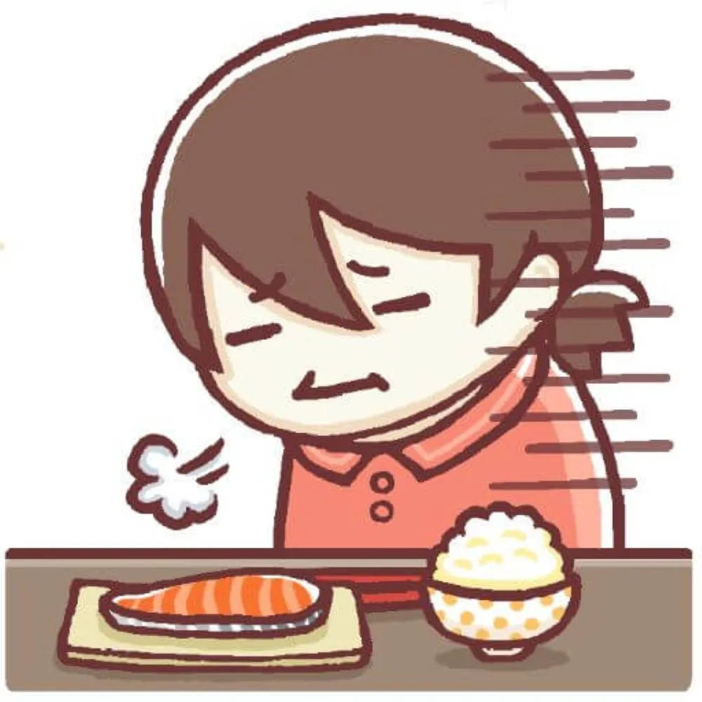 食卓のご飯を前に、ため息をついて食欲がない様子の子供のイラスト