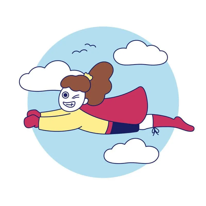 スーパーウーマンが空を飛びながらウィンクしているイラスト。漢方薬による劇的な回復を象徴。