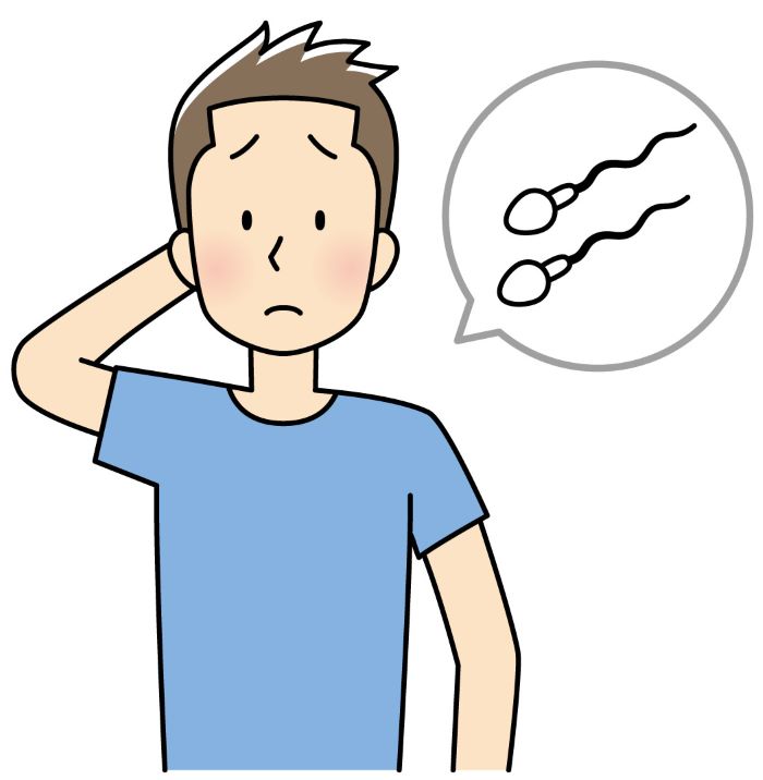 青い半袖の男性が男性不妊について悩みながら頭を触るイラスト