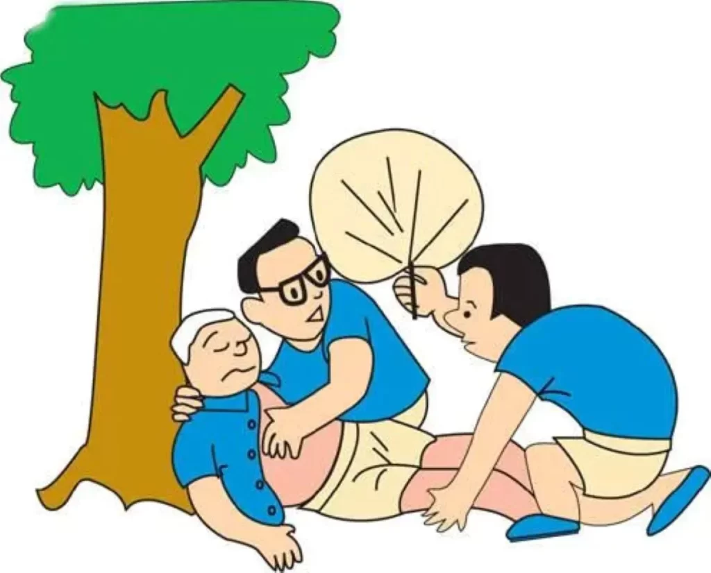 熱中症で倒れた男性を木陰で介抱し、上着を緩めて扇子であおいでいる応急処置の場面
