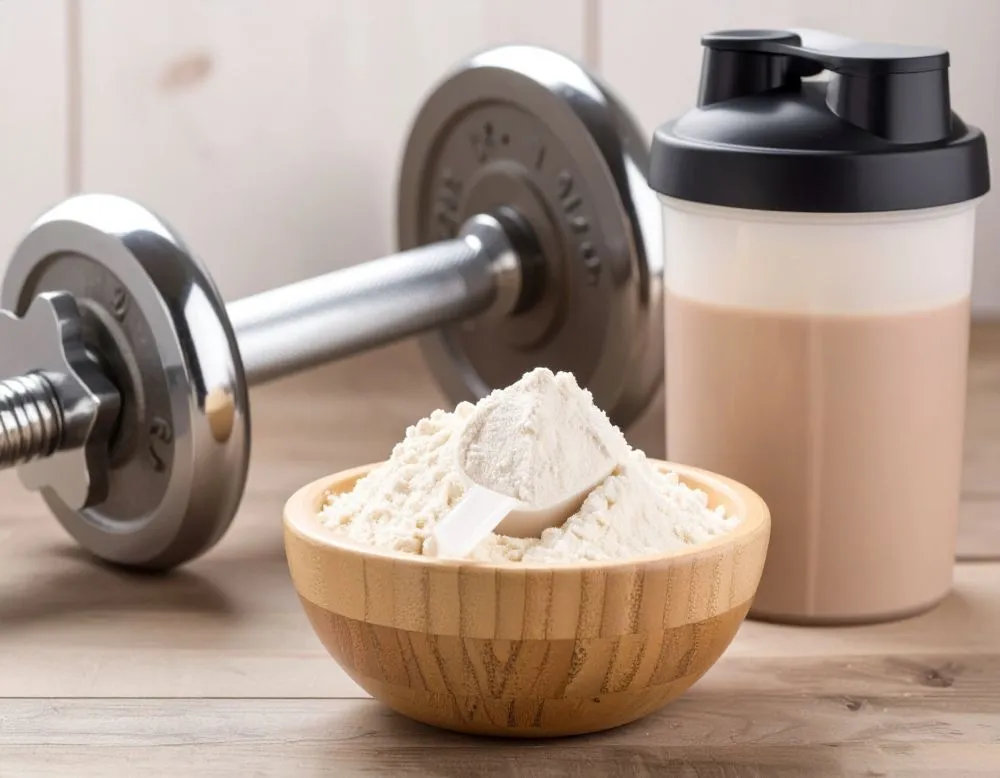茶碗とコップにプロテインパウダーを入れた画像、背景にダンベルがぼんやり見える