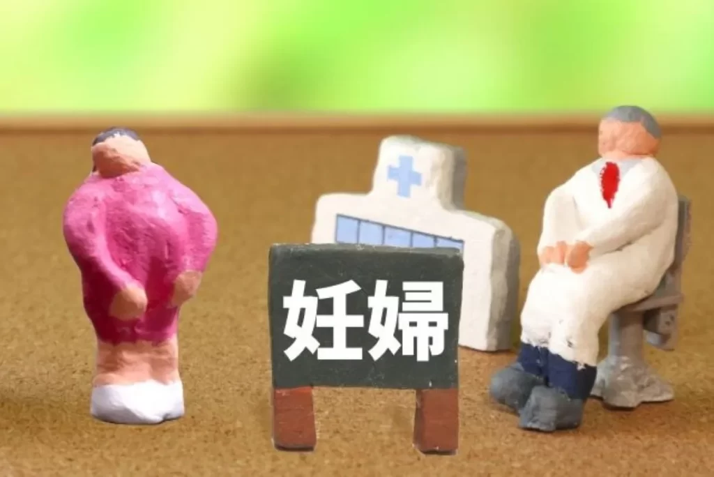 粘土細工の妊婦と医師が小さな診療所の前に立つ妊娠初期のイメージ