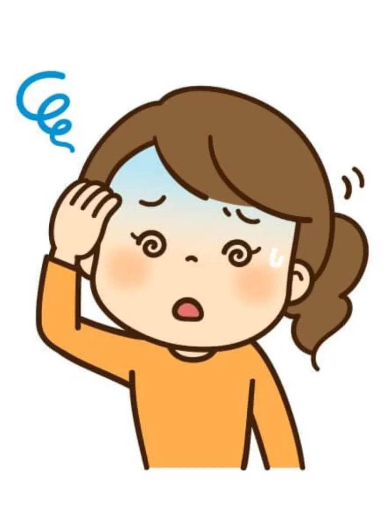 ひどいめまいで頭を押さえる女性のイラスト。目が螺旋状になり、強いふらつきを表現している。