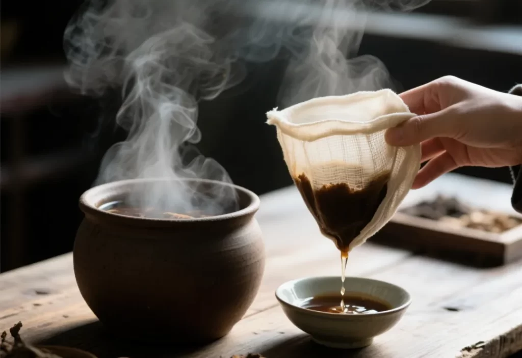 陶器の鍋から湯気の立つ漢方薬の煎じ汁を茶碗に注ぐ手元