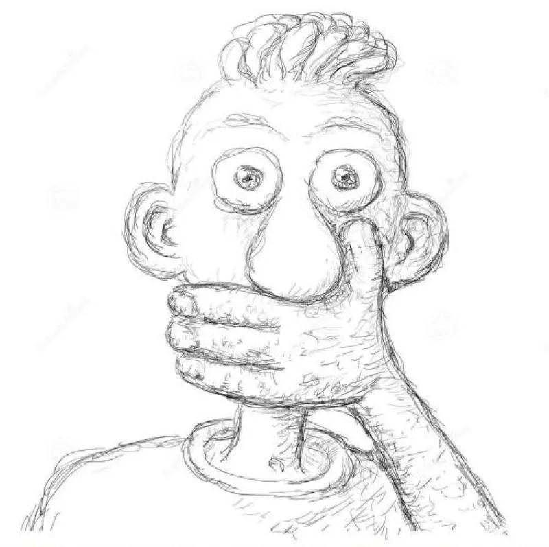 驚いて目を大きくし口を手で塞ぐ男性の線画イラスト