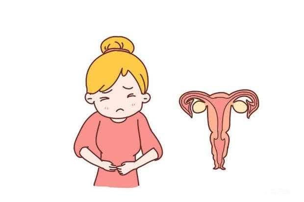 ピンク色の服を着た女性が両手でお腹を抑えている様子。右側に子宮のイラストがあり、子宮頸がんの不正出血を説明する図。