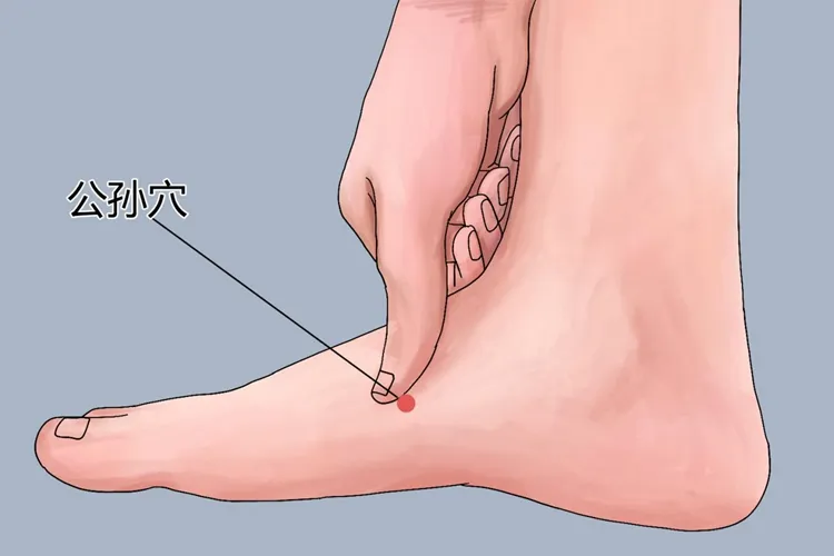 赤丸で公孫穴の位置を示し、指でポイントを指しているイラスト。