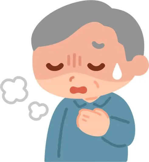 水色の長袖を着た高齢男性が胸を押さえ呼吸困難を表現、額に汗を浮かべて目を閉じる