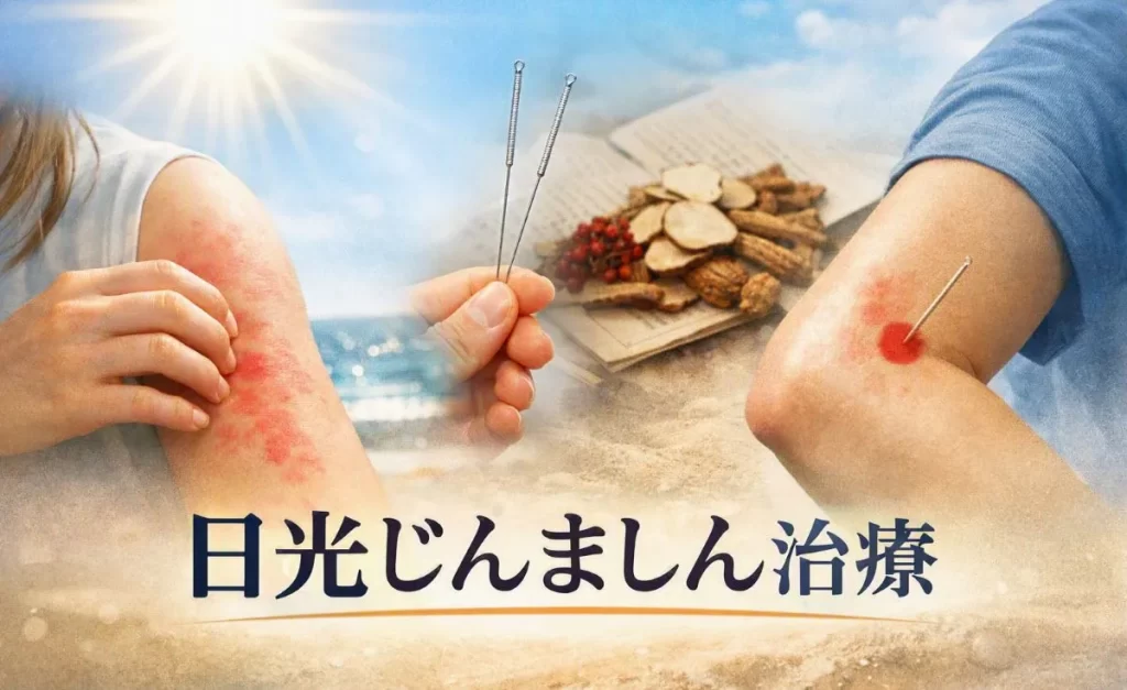 日光じんましん治療を象徴する構図。腕の赤い発疹と鍼、曲池のツボを組み合わせたイメージ。