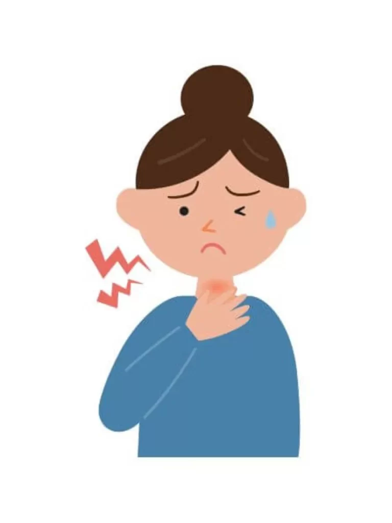 喉の痛みで左目をつむり、右手で喉を押さえる女性の漫画風イラスト。喉の横に赤い電撃の線が描かれている。