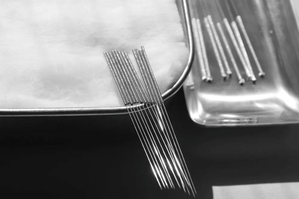 アルミニウム容器に入った鍼灸針 白い綿の上に置かれた多数の鍼とレール上の針