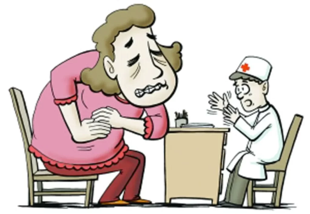 脂っこい物を食べるとすぐ吐いてしまう女性が肝臓あたりを押さえて苦しむ様子と、漢方医師が説明しているイラスト