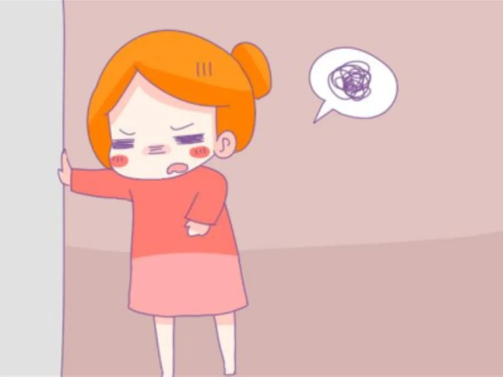 妊娠後期の妊婦が咳やくしゃみで尿漏れに悩む様子を表したイラスト。困った表情で壁に手をつき、お腹を押さえている漫画風の図。隣に尿の糸がグチャグチャになったトラブル表現。