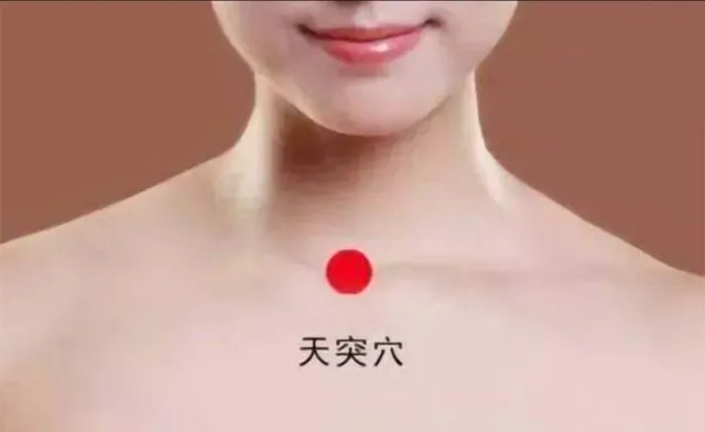 女性の喉元を拡大した画像に赤丸で天突穴がマークされ、隣に「天突穴」とラベルが付いた図