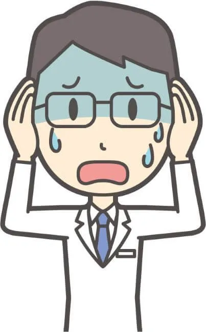 白衣の男性医師が頭を抱えて驚いた表情をしているイラスト。汗が3滴流れている