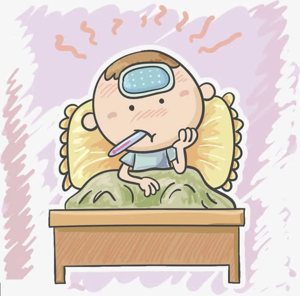 発熱した子どもが熱シートを貼り、温度計をくわえて布団に横たわっているイラスト