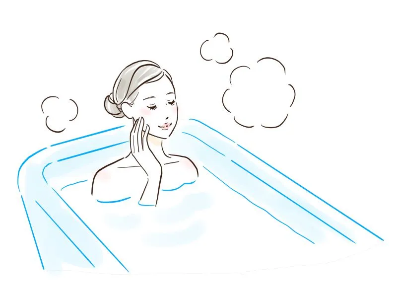 お風呂に入りながら右手で顔を触ってくつろぐ女性の線画イラスト