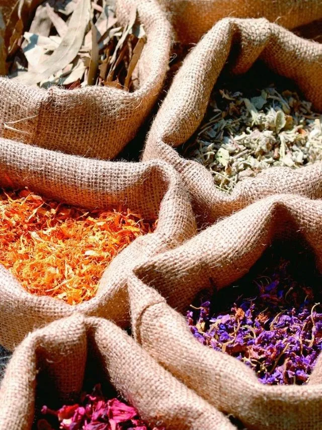 麻袋に入った様々な漢方生薬。妊娠高血圧症候群・妊娠糖尿病を漢方で改善した高齢出産の治療に使用