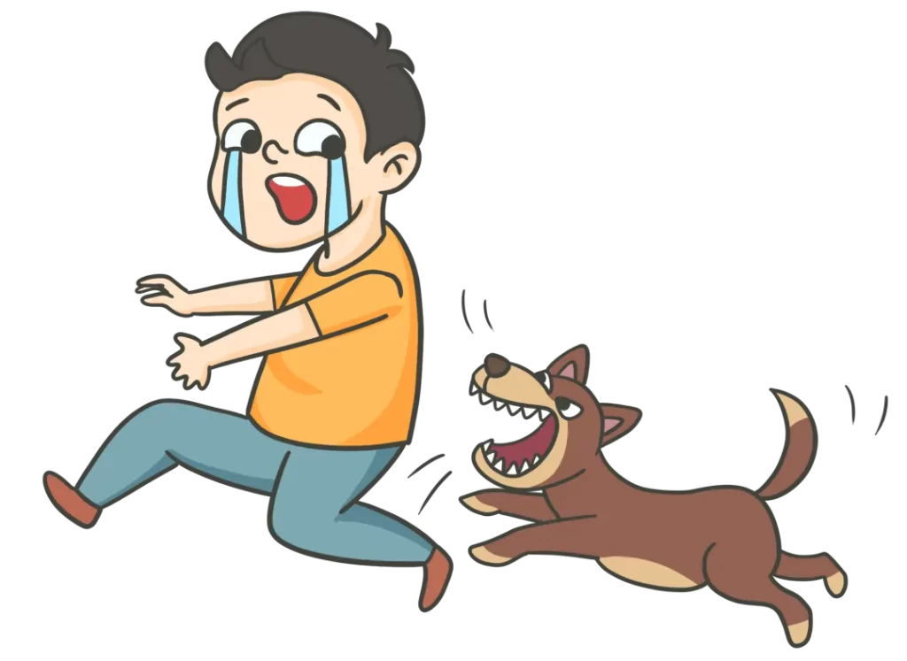 黄色い服の男性が泣きながら逃げ、後ろから狂犬が吠えながら追ってくるイラスト