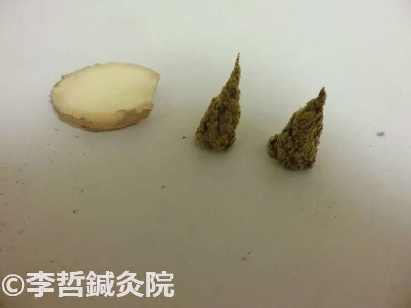 生姜灸のもぐさを両手で擦り、細長い円錐形に整えたもの（2つとスライス生姜）