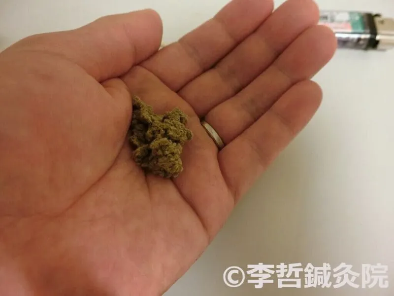生姜灸のもぐさを適量手のひらに乗せた状態