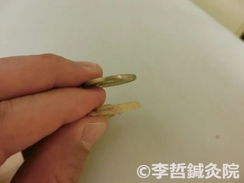 生姜灸の台になる生姜の厚さ比較（500円玉より少し厚く切る）