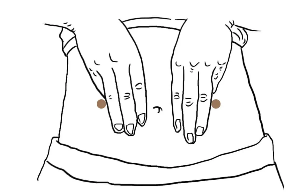 へその横に指3本を立てて天枢穴の位置を測るイラスト。2寸の距離を示す。