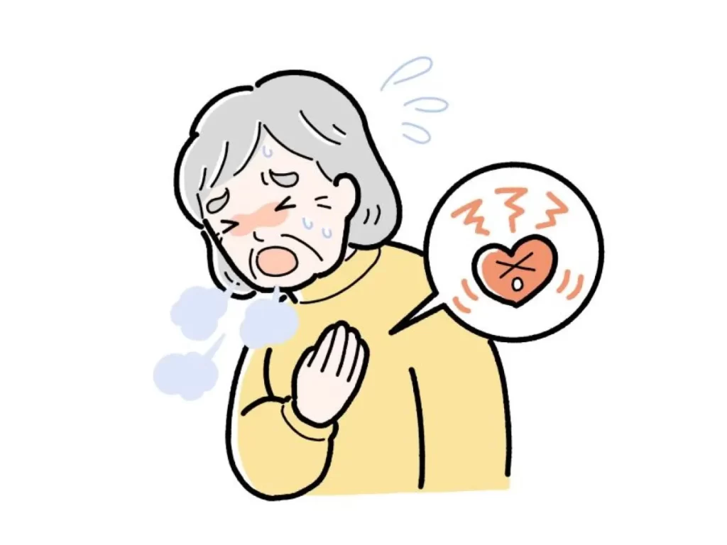 黄色い服のシニア女性が胸を押さえて息苦しそうにし、冷や汗をかきながら心臓の痛みを訴えているイラスト