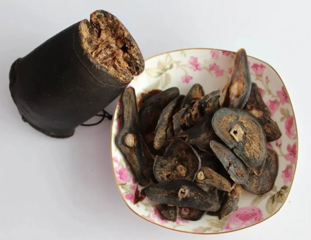 鹿のしっぽ 生薬 丸ごとの大きな塊とスライスした黒い断面