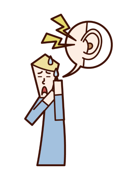 滲出性中耳炎の痛みを表現する男性と赤く腫れた耳の拡大図イラスト