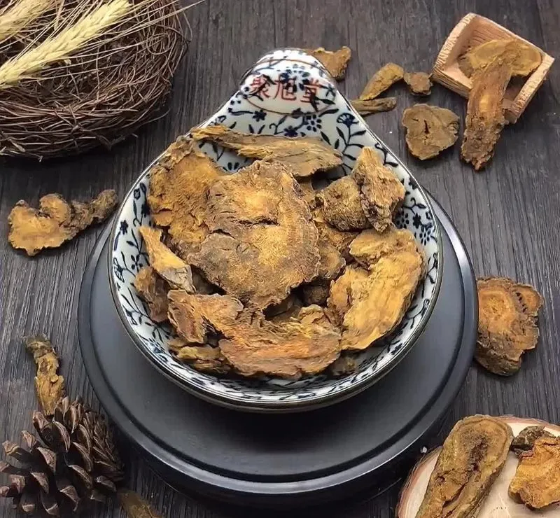 青い花柄の茶碗に盛られた断面が黄色い生薬・大黄(ダイオウ)。茶碗の周りのテーブルにも大黄が散らかっている様子。