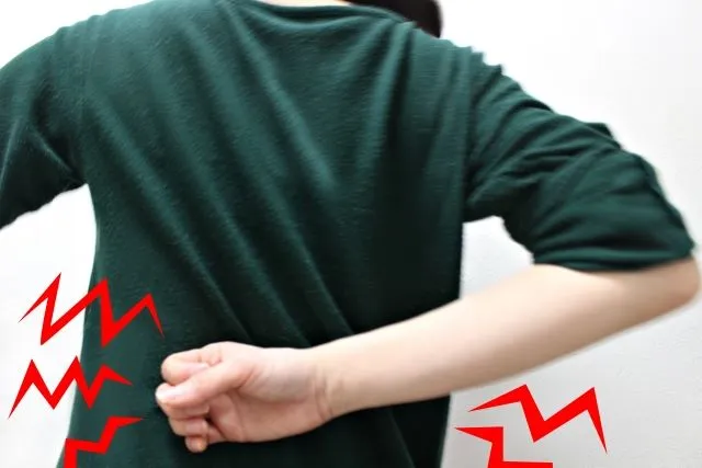 濃い水色のセーターを着た女性が後ろ姿で腰を触る様子。腰部に雷のような痛みのイラストが描かれ、子宮内膜症の激しい腰痛を象徴。