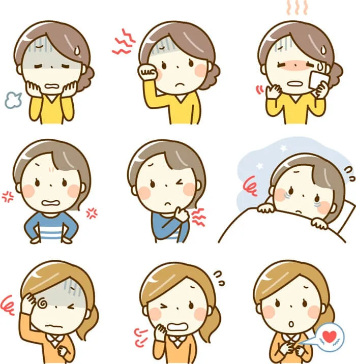更年期障害の諸症状（ほてり・汗・不眠・イライラ・動悸・めまいなど）を漫画風イラストで表現した女性