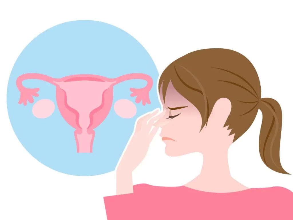 産後の膣から空気漏れ（膣なら）に悩む女性のイラスト。おでこに手を当てて心配そうで、隣に子宮の図が描かれている