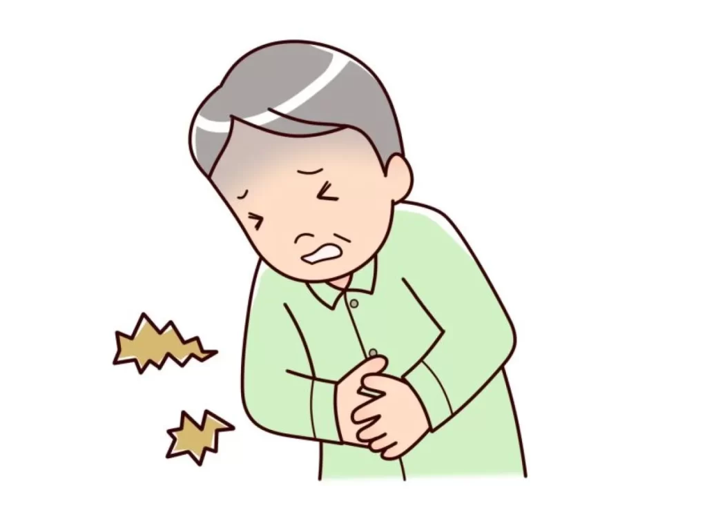 胆石による右脇腹の痛みや胃の張りに悩み、お腹を押さえて苦しそうな表情をする男性のイラスト